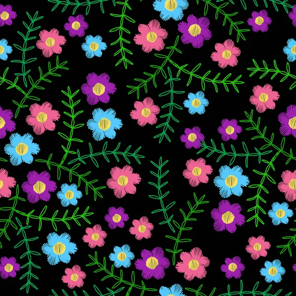 Nahtloses Muster mit bunten Blumen und grünen Blattstickereien — Stockvektor