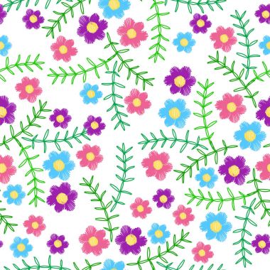 Renkli çiçek ve yaprak yeşil nakış ile Seamless Modeli 