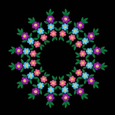 Nakış dikiş taklit yuvarlak çerçeve renkli çiçek ile bir