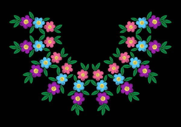 Flor colorida con marco de hoja bordado puntadas imitación — Vector de stock