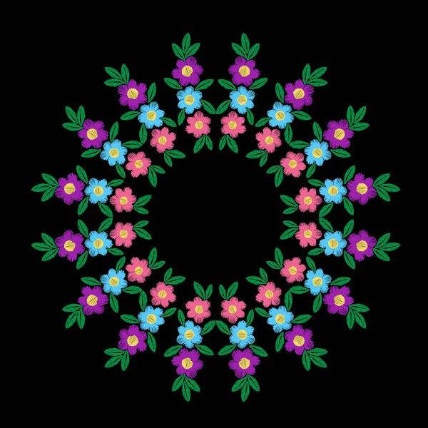 Βελονιές κεντήματος απομίμηση γύρος πλαισίων με πολύχρωμο λουλούδι μια — Διανυσματικό Αρχείο