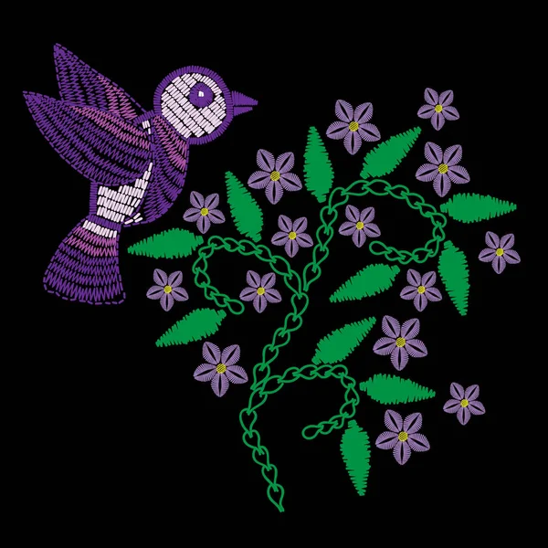 Ilustração pássaro violeta com folha e flor isolado no bl — Vetor de Stock