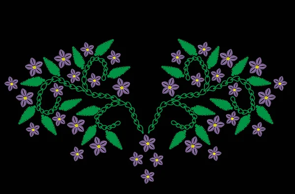 Βιολέτα, λουλούδι με απομίμηση βελονιές κεντήματα υποκατάστημα φύλλα — Διανυσματικό Αρχείο
