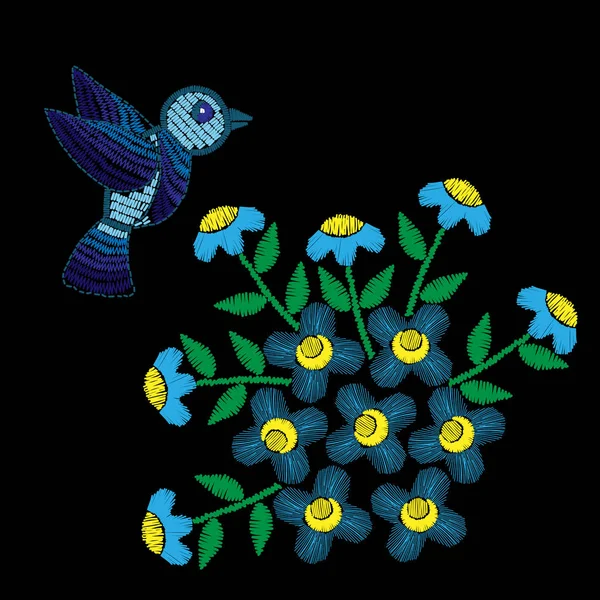 Niebieski Kwiat imitujące ściegi haftu liść i ptak — Wektor stockowy