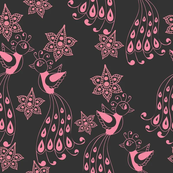 Fantaisie oiseau et fleur motif sans couture — Image vectorielle