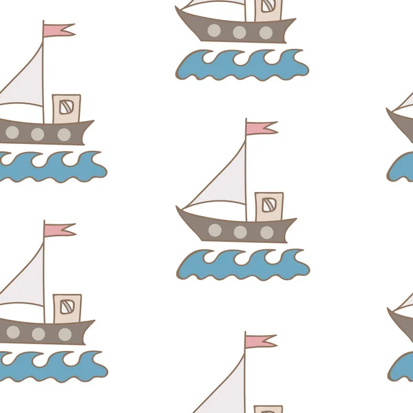 Бесшовный узор с мягким кораблем цвета с флагом и волной на белом — стоковый вектор