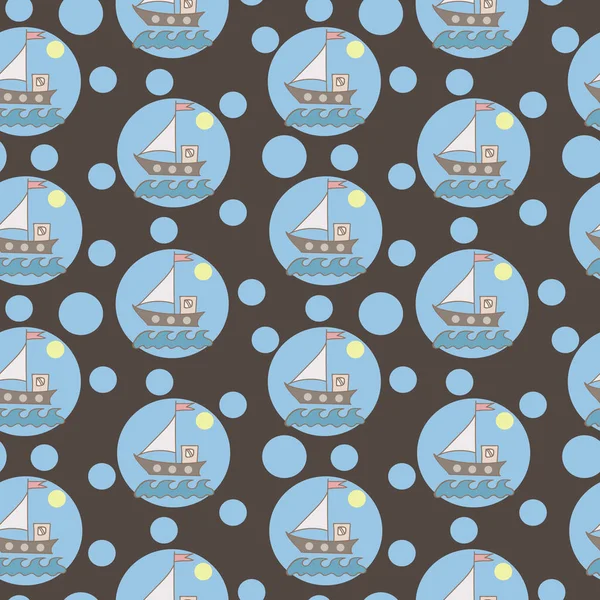 Modèle sans couture avec navire de couleur colorée avec drapeau et wav bleu — Image vectorielle