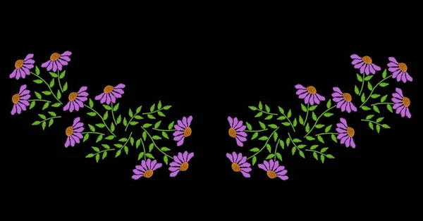 Borduur steken imitatie folk bloem en groene blad voor nec — Stockvector