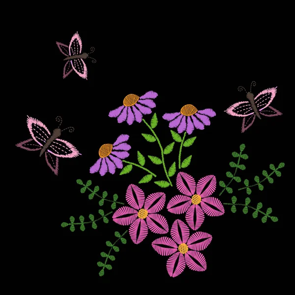 Jahitan sulaman meniru bunga dengan daun dan kupu-kupu - Stok Vektor