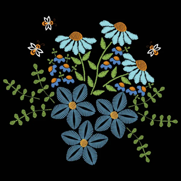 Jahitan sulaman meniru bunga biru dengan daun dan lebah - Stok Vektor