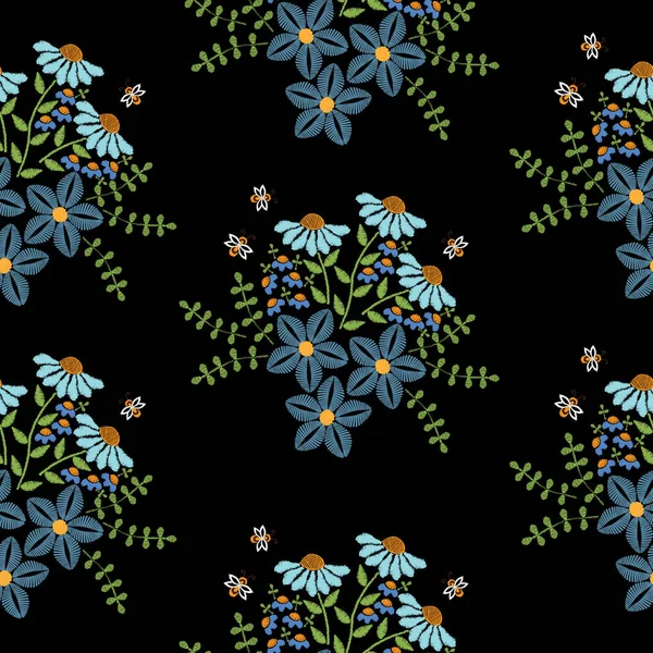 Motif sans couture avec broderie points imitation fleur bleue — Image vectorielle