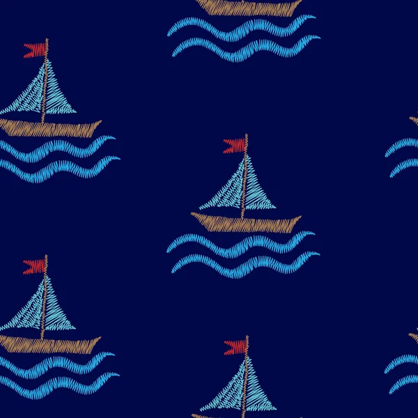 Бесшовный рисунок с вышивкой швов имитации лодки и wav — стоковый вектор