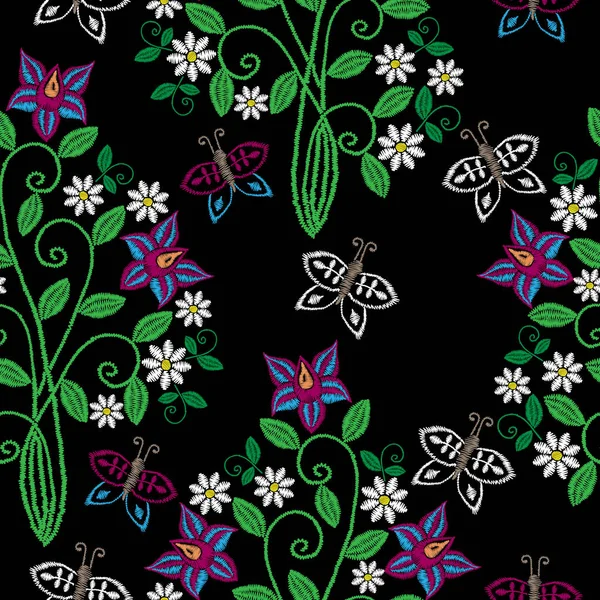 Бесшовный узор с вышивкой швов имитации цветок и л — стоковый вектор