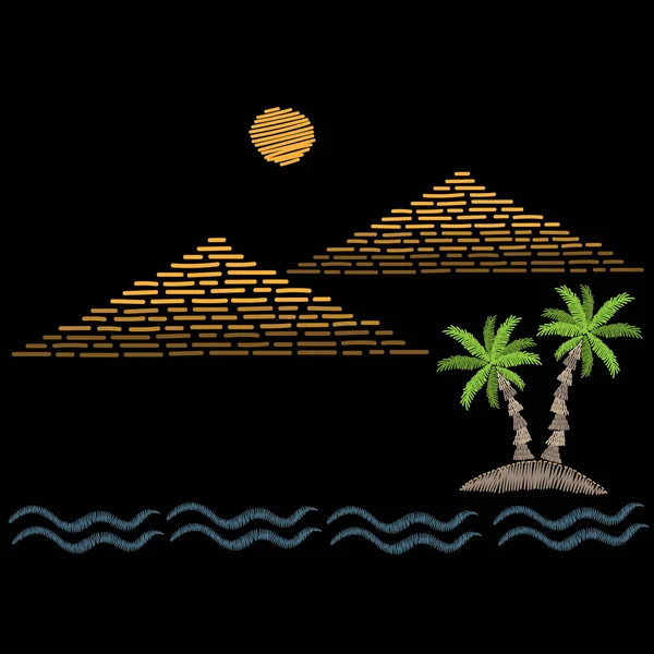 Pyramides et palmier avec broderie ondulée imitation — Image vectorielle