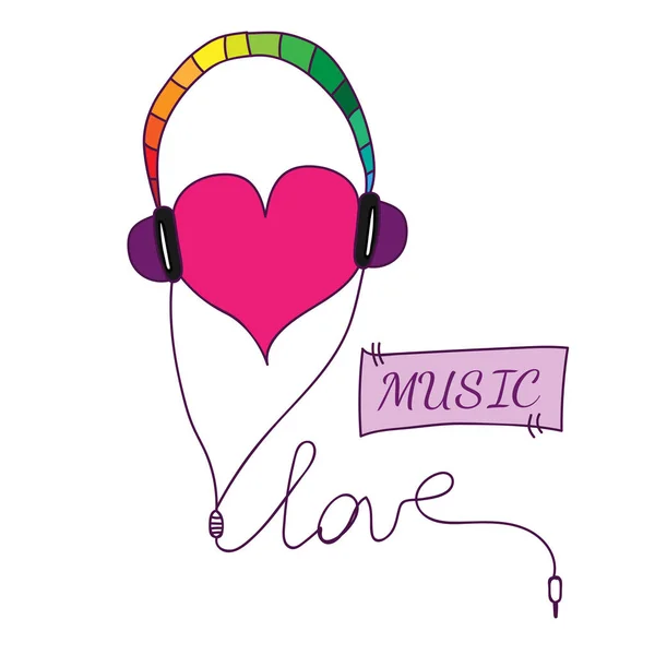 Símbolo de amor con corazón en auriculares con texto de amor y música — Archivo Imágenes Vectoriales