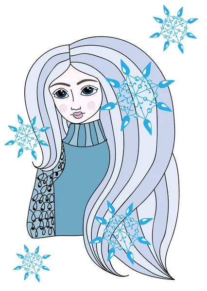 Πορτρέτο του ένα πολύχρωμο, όμορφο κορίτσι με μακριά μαλλιά και snowfla — Διανυσματικό Αρχείο