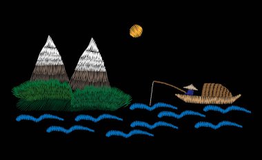 Bir tekne içinde bir balıkçı olduğunu dağ balıklarla embroide manzara