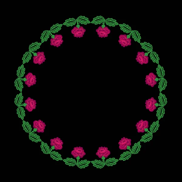 Embroidery stitches imitation round frame pattern with roses — Stock Vector