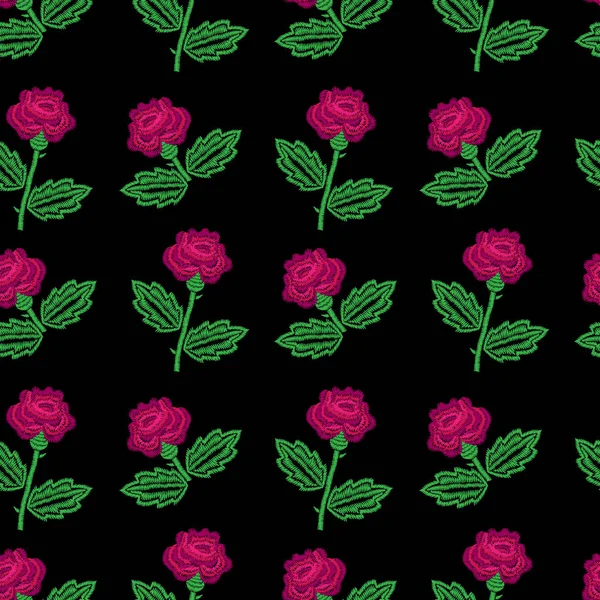 小さなバラの花と刺繍ステッチ模倣シームレス パターン — ストックベクタ