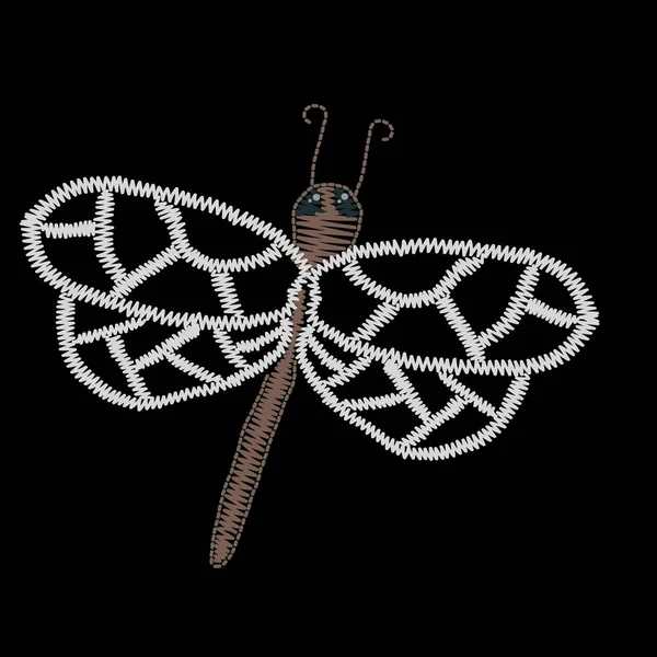 Üzerinde siyah b izole nakış dikiş imitasyon dragon fly — Stok Vektör