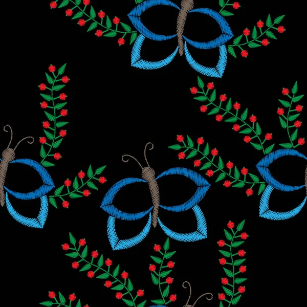 Motif sans couture avec papillon et brunch avec broderie de baies — Image vectorielle