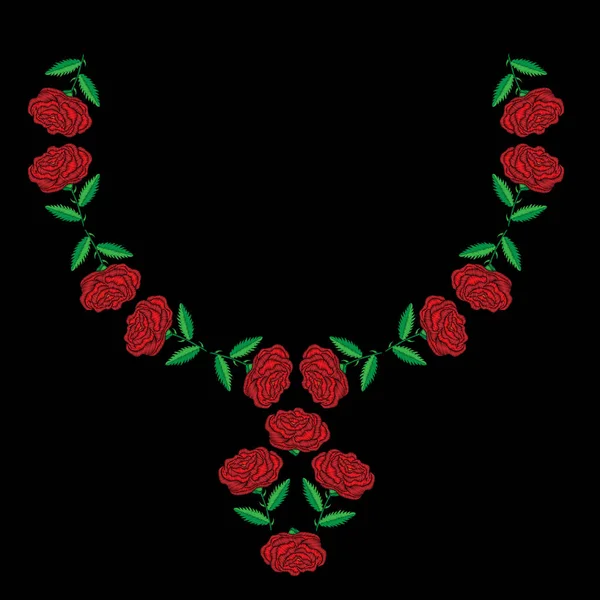 Stickerei Stiche Nachahmung Halslinie Muster mit roten Rosen — Stockvektor