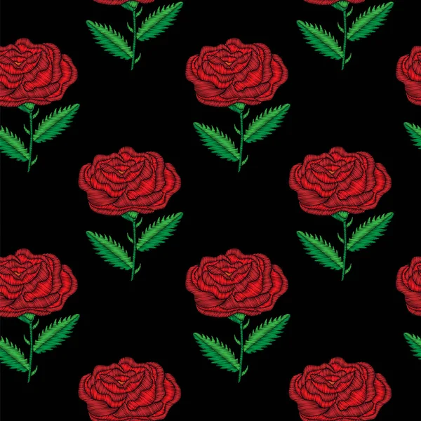 Stickstiche imitieren nahtloses Muster mit großer roter Rose — Stockvektor