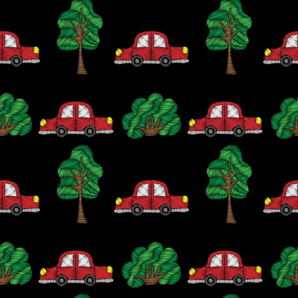 Vzor bezešvé s malou červené auto a strom výšivky stitche — Stockový vektor