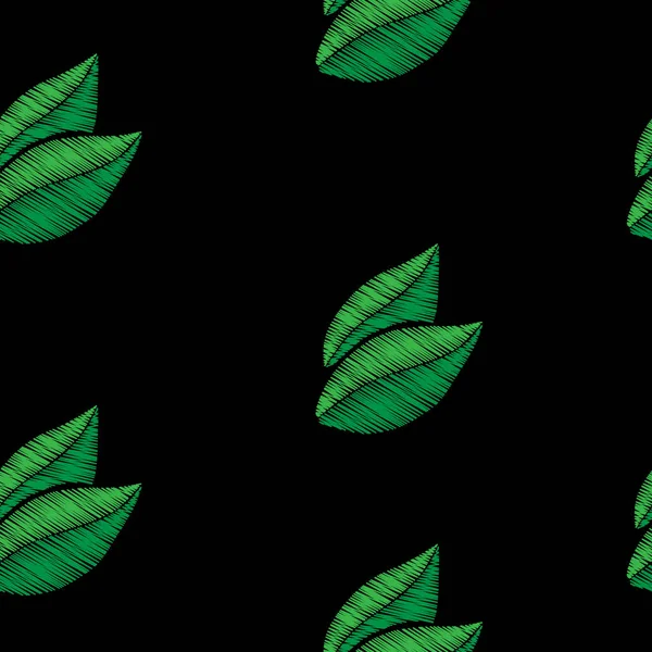 Бесшовный рисунок с вышивкой из зеленого листа имитация швов — стоковый вектор