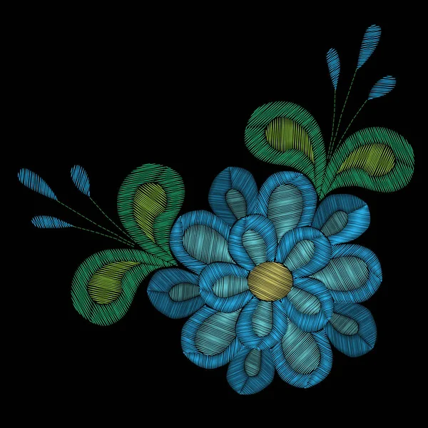 Broderie imite motif floral ethnique avec fl bleu — Image vectorielle
