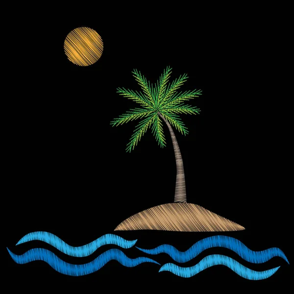 Palmera con olas de agua y bordados de sol imitación puntadas — Vector de stock