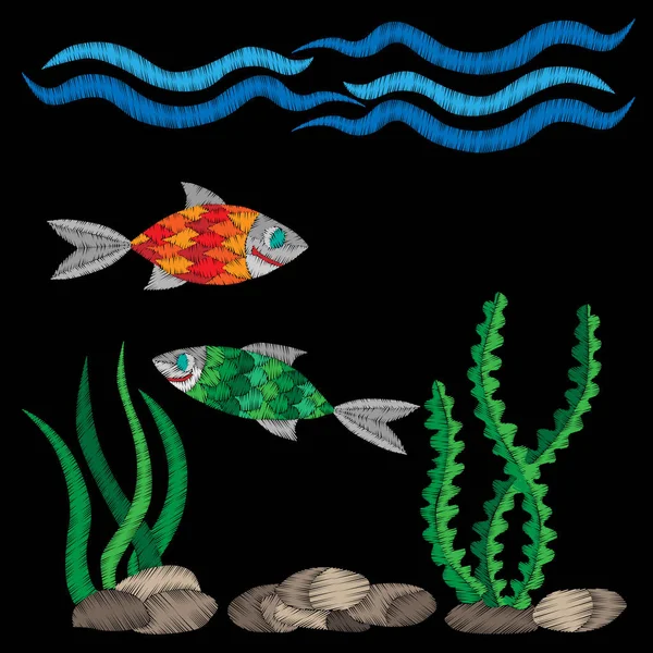 Coloridos peces bajo el agua bordado puntadas imitación — Vector de stock