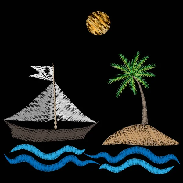 Korsan gemisi ile palmiye ağacı nakış dikiş taklit blac üzerinde — Stok Vektör