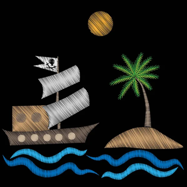 Korsan büyük gemi ile palmiye ağacı nakış dikiş taklit — Stok Vektör