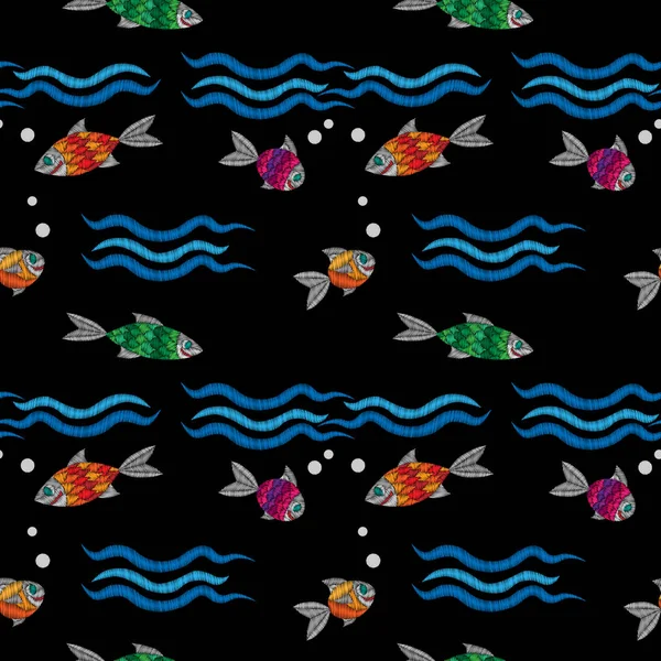 Motif sans couture avec broderie points imitation petit poisson — Image vectorielle