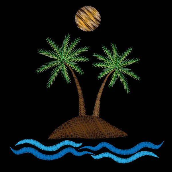 Palmiye ağacı ile su dalgası ve güneş nakış dikiş taklit — Stok Vektör