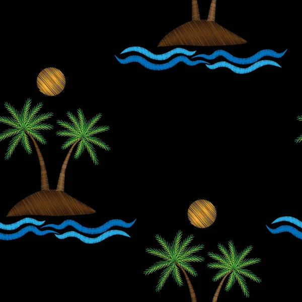 水の波と太陽 embroide とヤシの木とのシームレスなパターン — ストックベクタ
