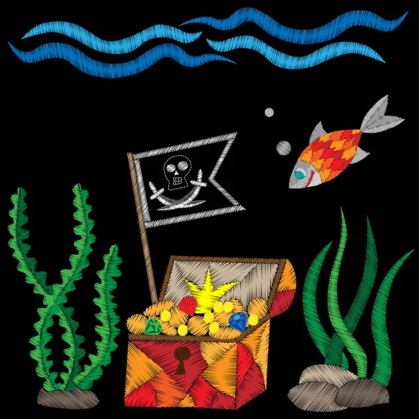 Tronco pirata con bandera bajo el agua con bordados de tesoros y peces — Vector de stock
