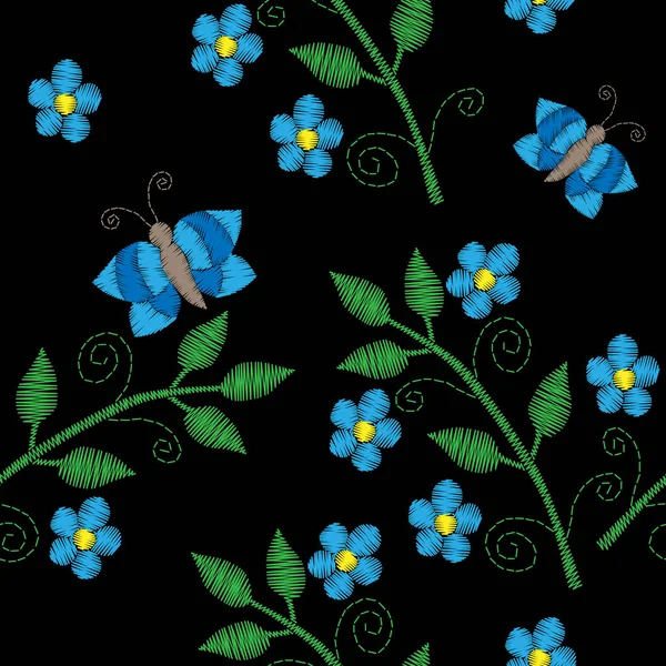 Patrón sin costuras con mariposa y puntadas de bordado de flores i — Archivo Imágenes Vectoriales