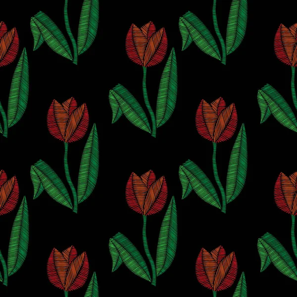 Вышивка швы имитации бесшовный узор с маленьким тюльпаном — стоковый вектор