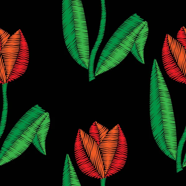 Вышивка швы имитации бесшовный узор с тюльпаном — стоковый вектор