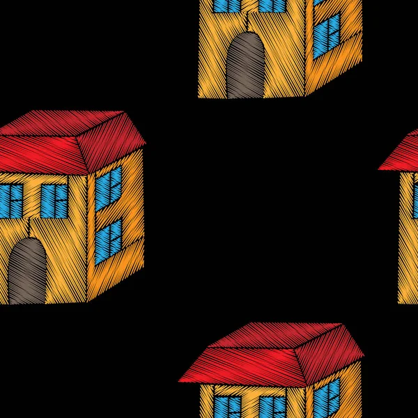 Stickstiche imitieren nahtlose Muster mit Haus — Stockvektor