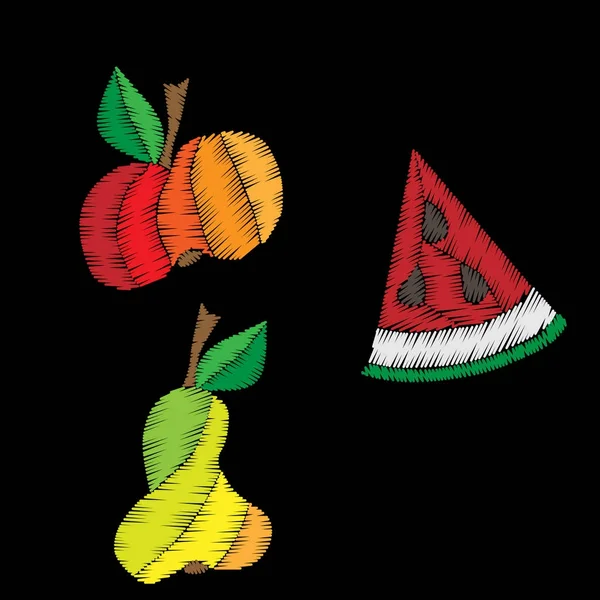 孤立的西瓜、 苹果和梨刺绣针模仿 — 图库矢量图片