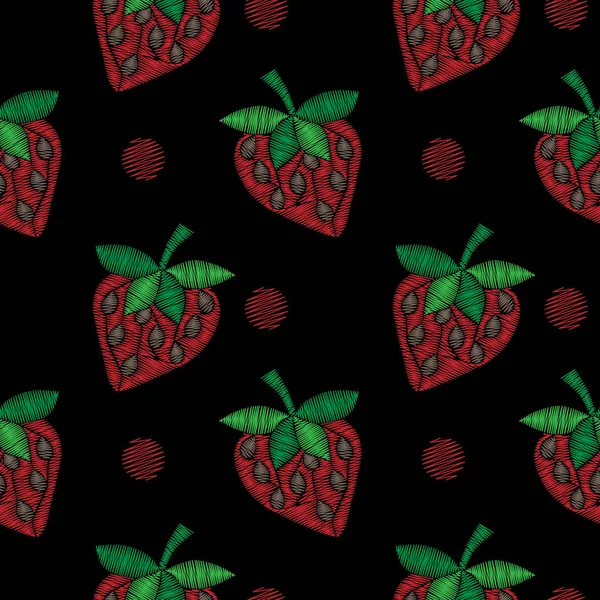 Motif sans couture avec broderie aux fraises rouges imitati — Image vectorielle