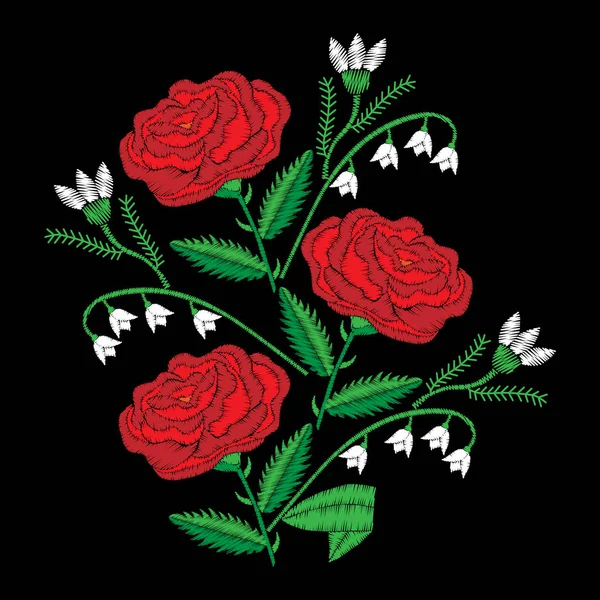 Strauß mit roter Rose und Maiglöckchen-Stickereien — Stockvektor