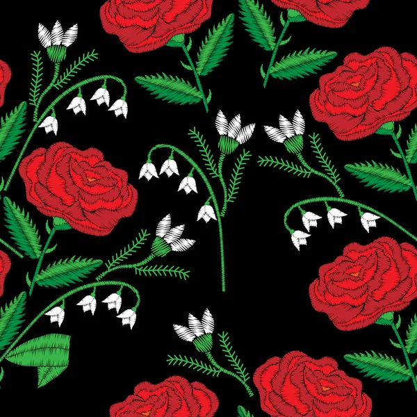 Vzor bezešvé s červenou výšivkou růže a lilie z údolí — Stockový vektor