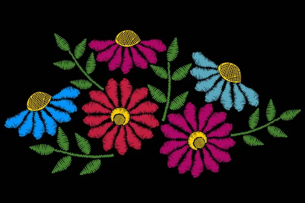 Jahitan bordir meniru pola etnis bunga dengan warna-warni - Stok Vektor