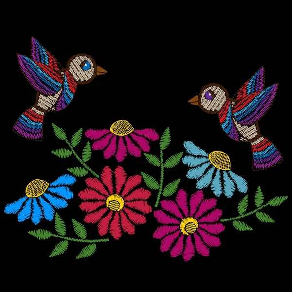 Bordado costura imitação padrão floral étnico com flor — Vetor de Stock