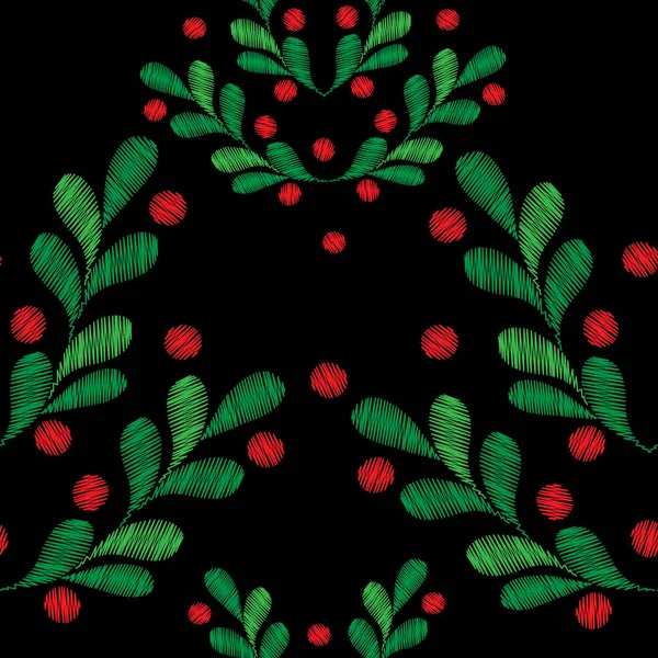 Motif sans couture avec branches d'épinette et broderie de baies sti — Image vectorielle