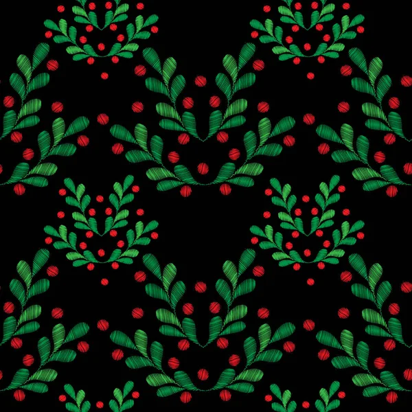 Motif sans couture avec de petites branches d'épinette et des baies rouges emb — Image vectorielle